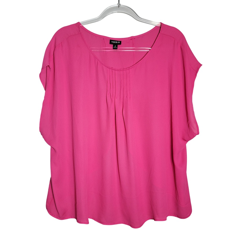 Torrid Womens Pink Split Back Top Plus Size 2X Pleated Cap Sleeve Pullover‎